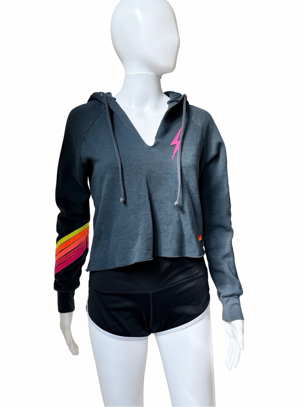 AVIATOR NATION Cropped Dark Gray Hoodie with Pink Lightning Bolt ⚡️💗